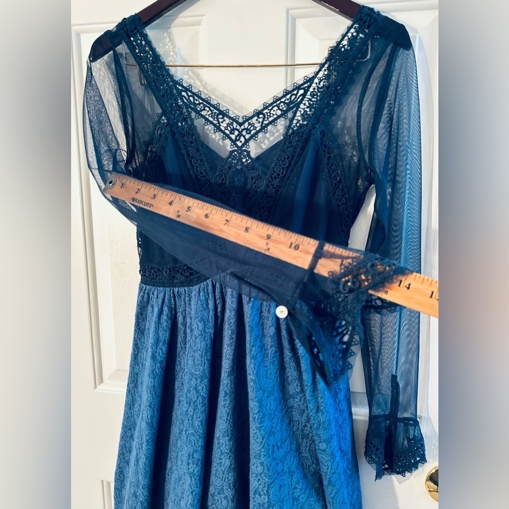 FREE PEOPLE Fairy Feminine Rave Whimsigoth Sz 2 Blue Mesh Lace Sheer Mini Dress - Picture 12 of 16